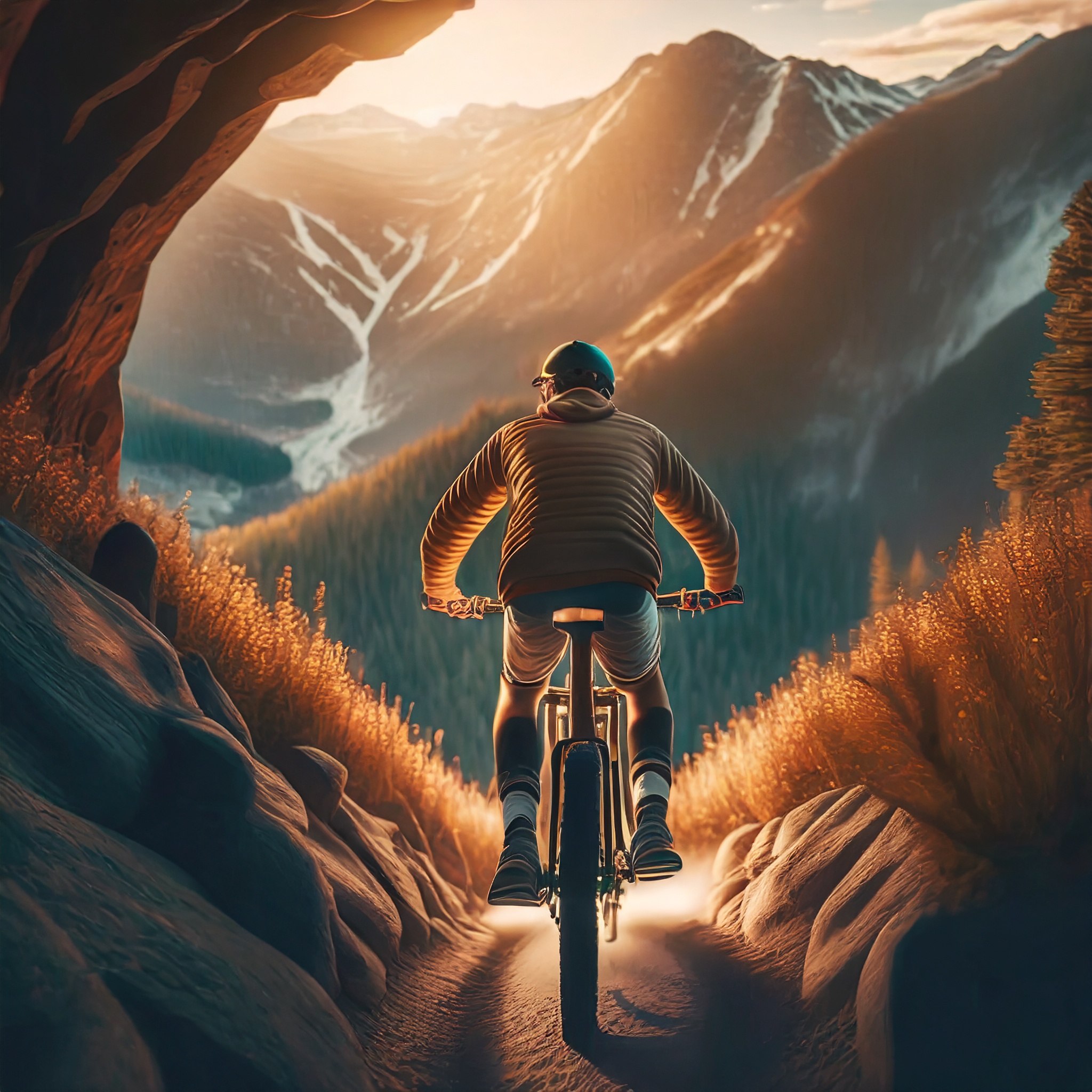 Joshua Bach riding a mountain bike in the mountains above Colorado Springs. Image created by Adobe Firefly.