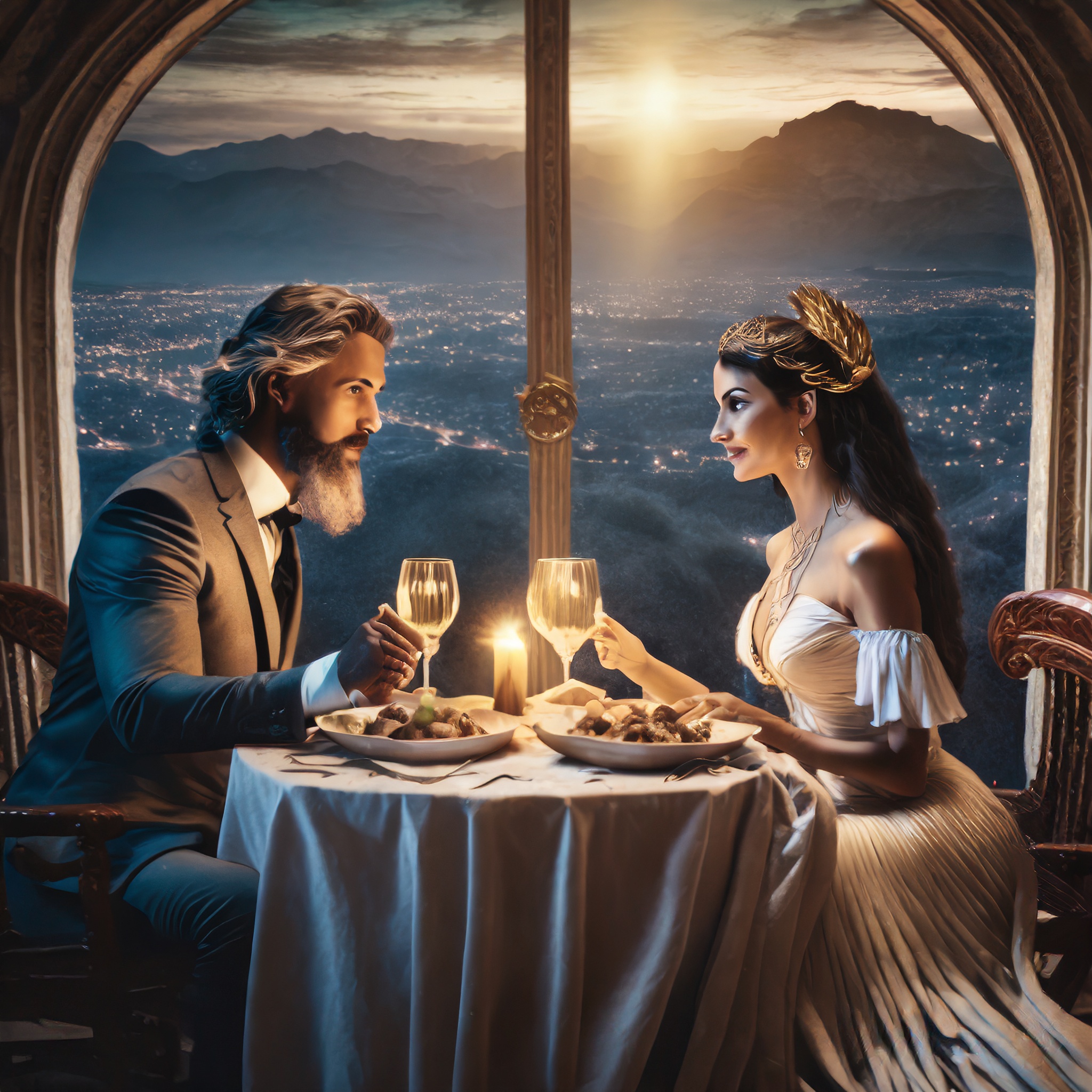 Pom and William Hork sitting at their dinner table overlooking Colorado Springs below. Image Created by Adobe Firefly.