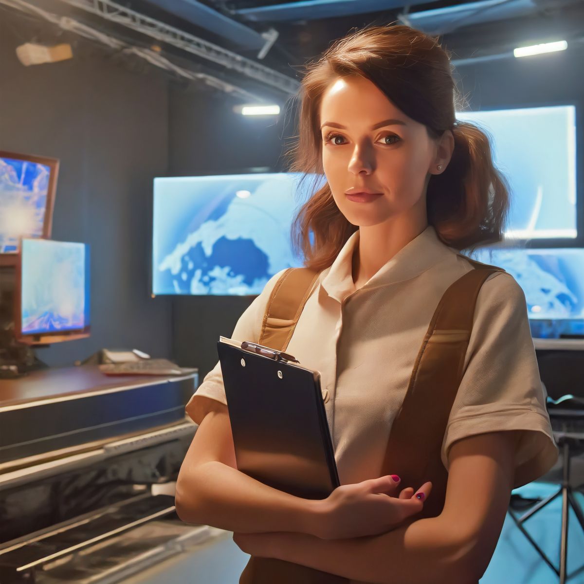 Sarah O'Callaghan, Production Assistance at Local NBC Affiliate in Denver, Coloardo. She's standing in the studio, clutching a clipboard. Image generated by Adobe Firefly.