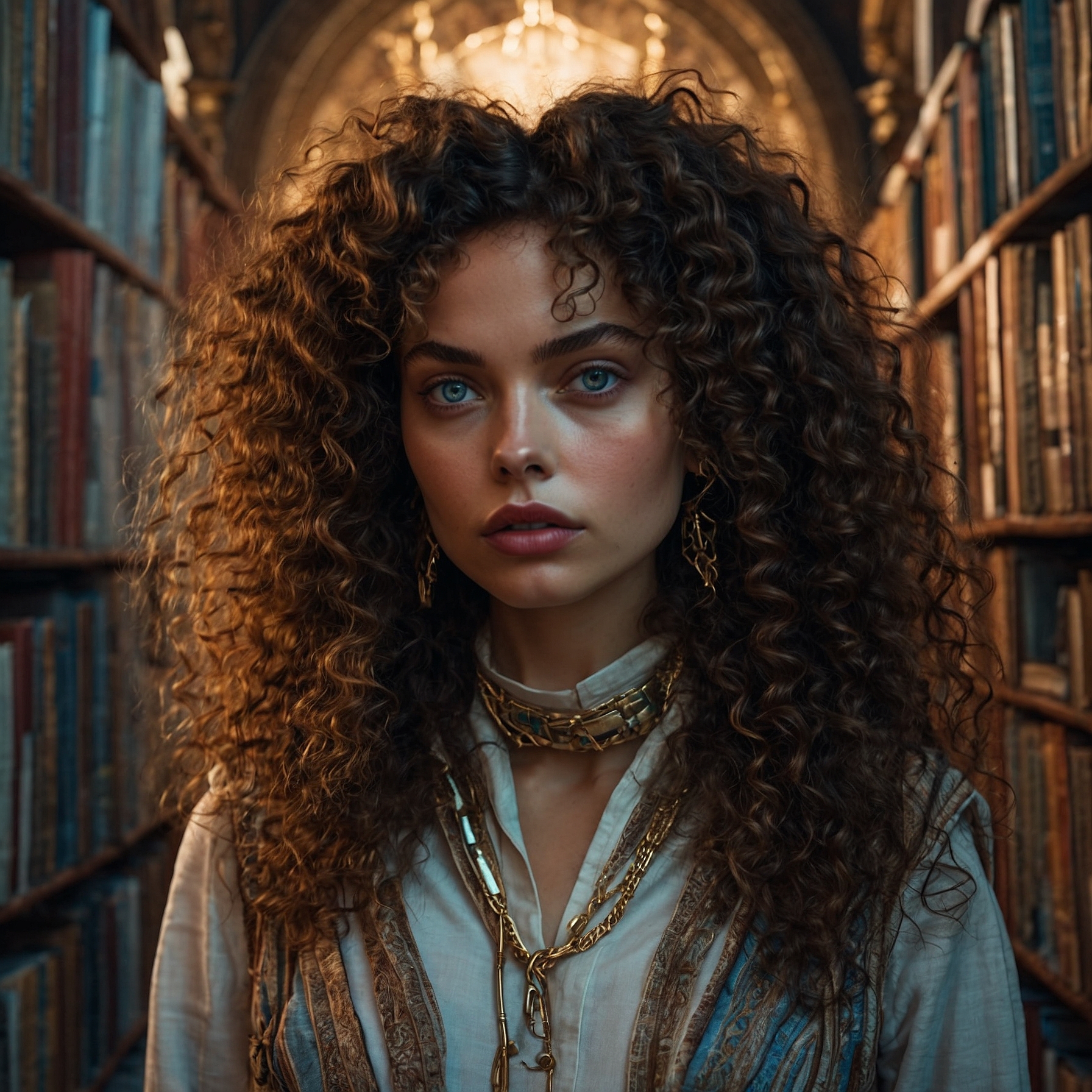 The Goddess Clotho is standing in her archives. Curly hair. Temple of books.