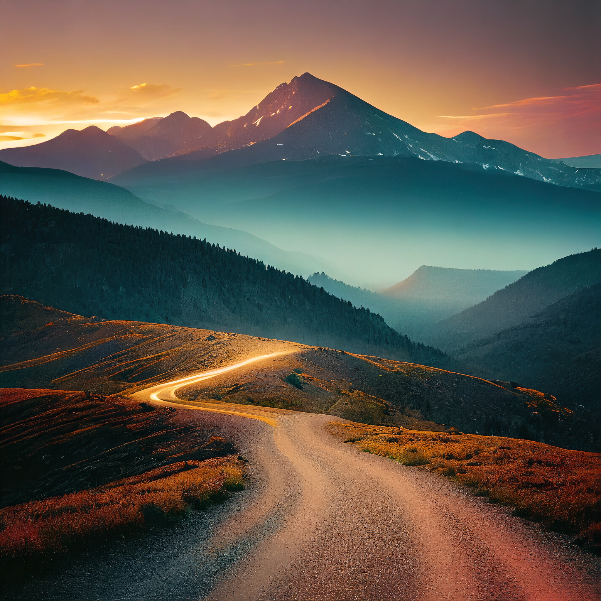 Colorado mountains with Pikes Peak in the background. Dirt road. Image generated by Adobe Firefly.