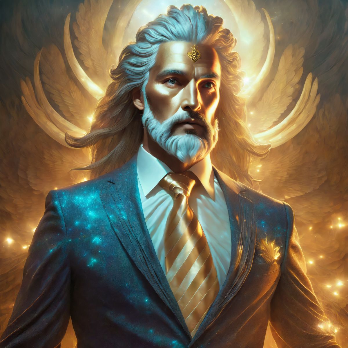 Dr. William Hork, genetic scientist. A handsome man with white hair and a long beard. Image Generated by Adobe Firefly.