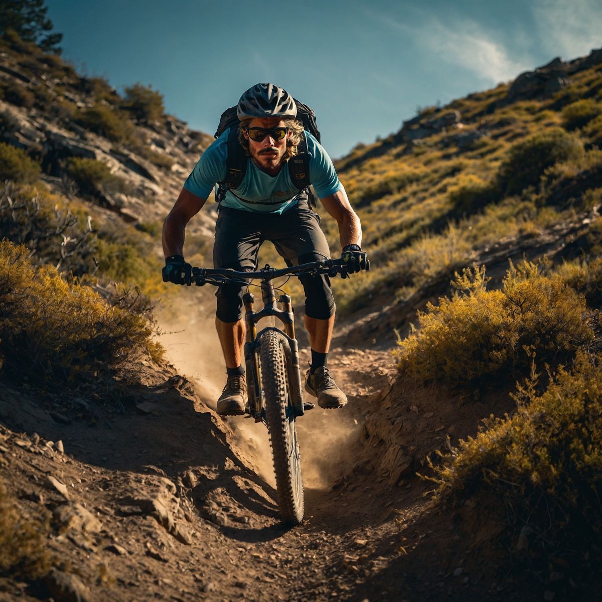 Josh Bach riding a mountain bike in the mountains of Colorado. Image created by Adobe Firefly.