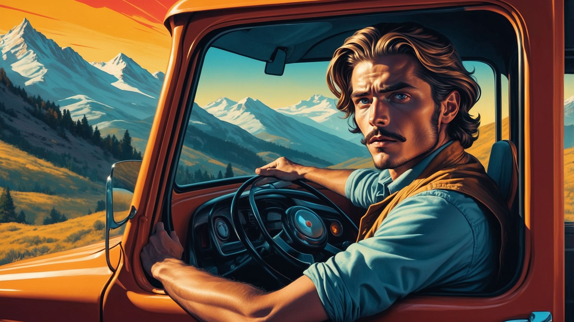 Joshua Bach, Mortal Savior. A late 20s man with a beard is driving a truck in the mountains. Image generated by Adobe Firefly.