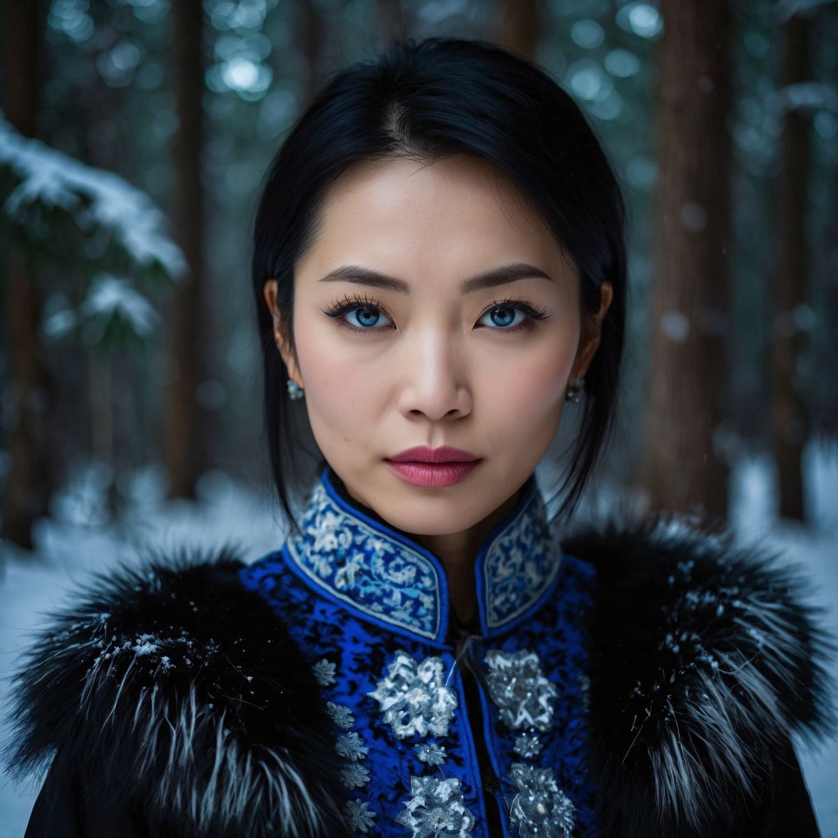 Andi Aisa. A Chinese woman wearing a black fur coat in the snow.