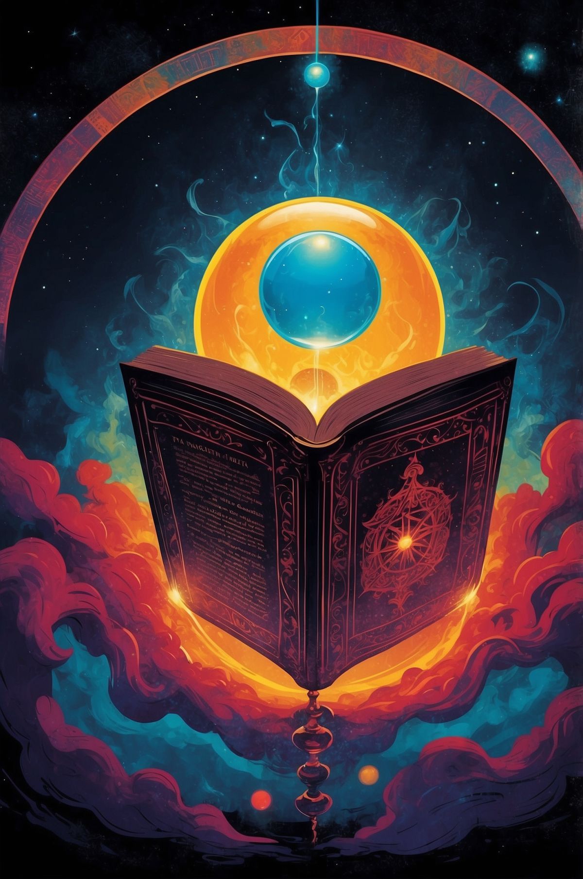 The Final Book of mankind. An ancient text is opened and a ball of energy and light emerges, its insides appearing like the cosmos.