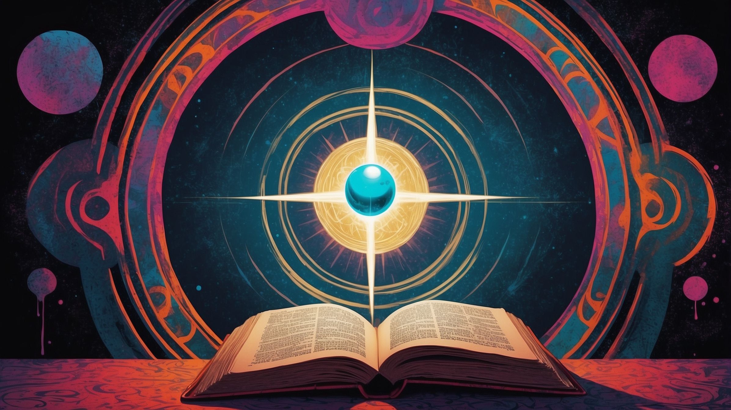 The Final Book of mankind. An ancient text is opened and a ball of energy and light emerges, its insides appearing like the cosmos.