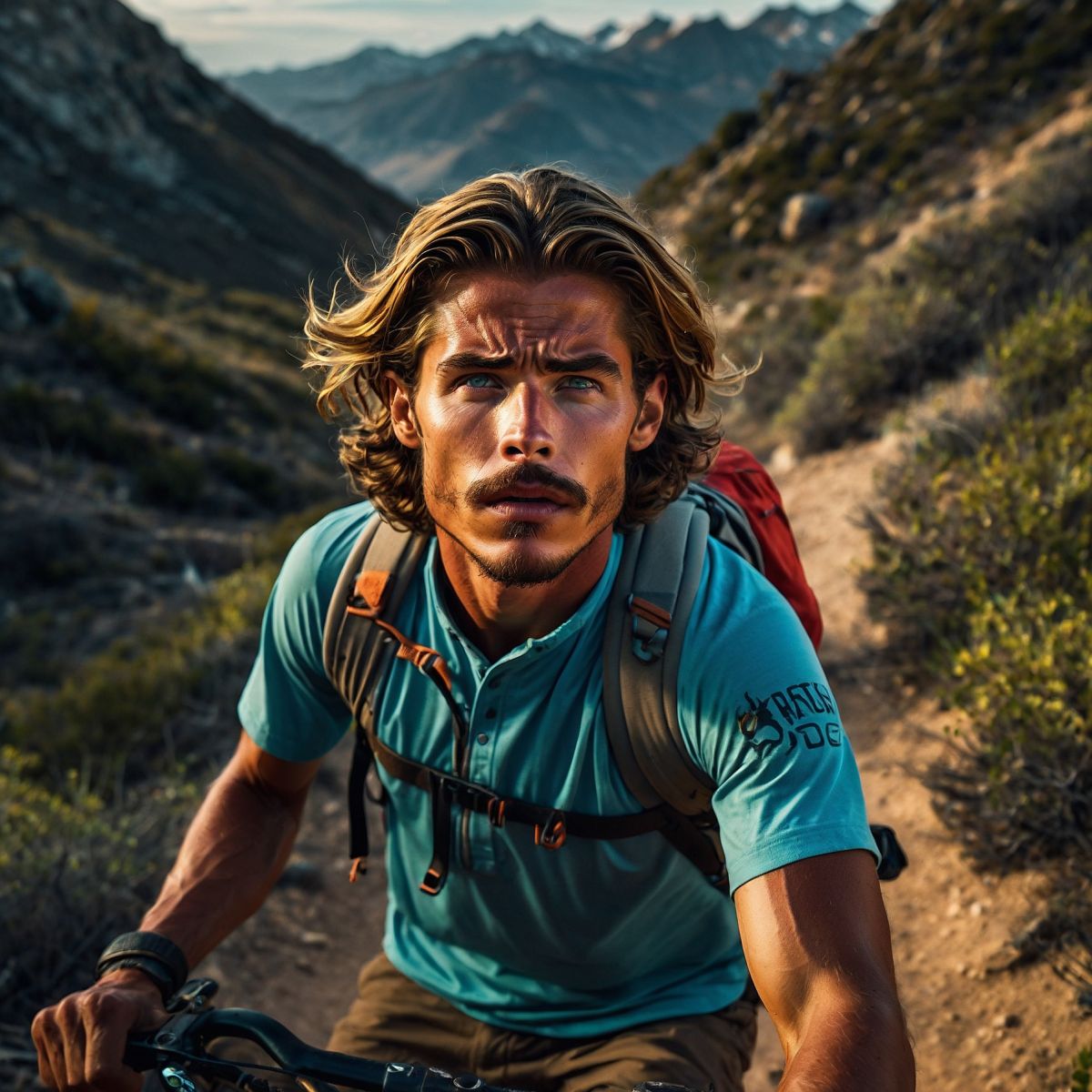 Josh Bach riding a mountain bike in the mountains. Image generated by Adobe Firefly.